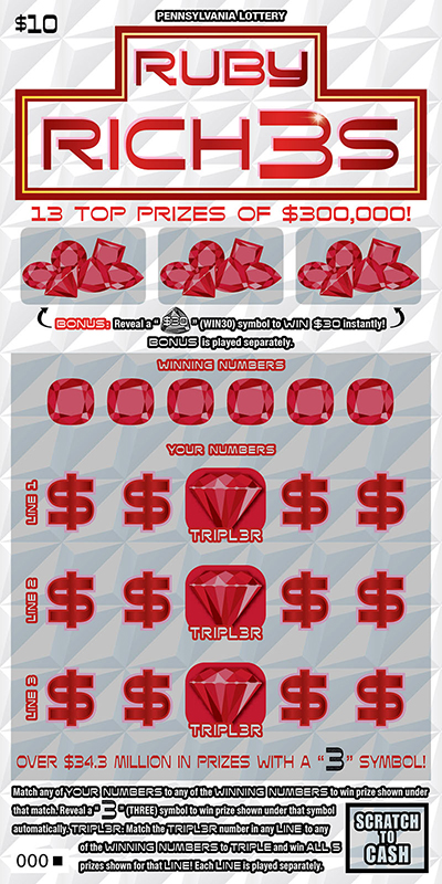 Ruby Rich3s (PA‑1786) scratch-off from Pennsylvania Lottery