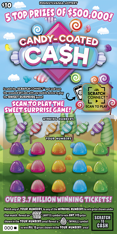 Candy-Coated Ca$h (PA‑1803) scratch-off from Pennsylvania Lottery